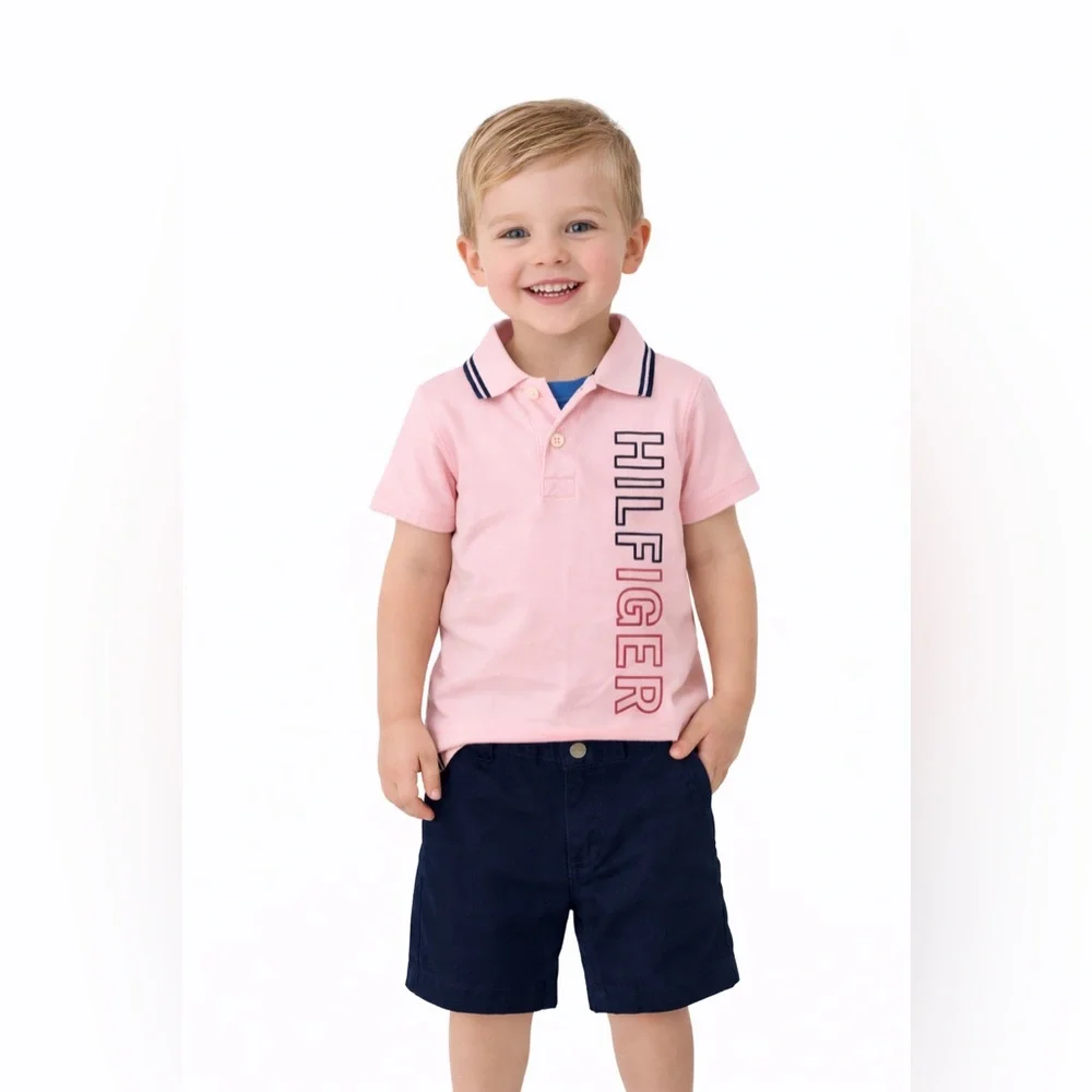 Tommy Hilfiger Boys 3T Pink Logo Polo Navy Shorts 2-Piece Outfit Set